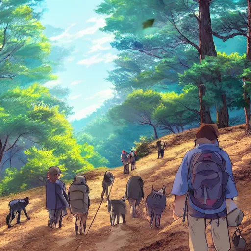 Image similar to multiple cats hiking the Appalachian trail, anime scenery by Makoto Shinkai and ghibli, wholesome digital art