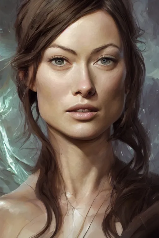 Image similar to a professional painting of a young Olivia Wilde, clothes in military armor, olive skin, long dark hair, beautiful bone structure, symmetrical facial features, intricate, elegant, digital painting, concept art, smooth, sharp focus, illustration, from StarCraft by Ruan Jia and Mandy Jurgens and Artgerm and William-Adolphe Bouguerea