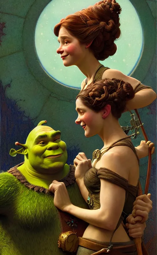 Image similar to shrek, gorgeous lighting by weta studio, mucha, bautista and norman rockwell and greg rutkowski and tom bagshaw and james gurney and lucasfilm