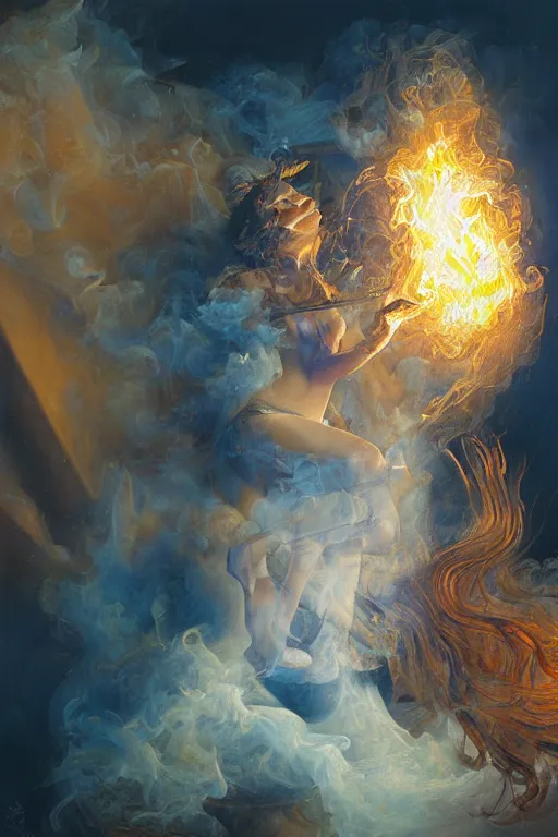 Image similar to a smiling claudia black melting into smoke highly detailed, james gurney, alan lee, michael cheval, peter mohrbacher, boris vallejo, jessica rossier, oil painting