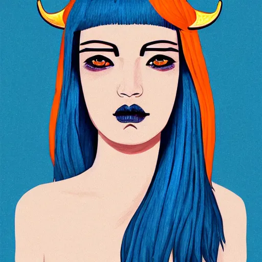 Image similar to illustrated portrait of ram-horned orange-skinned skin FFA500 devil woman with blue hair cut in a bob by rossdraws