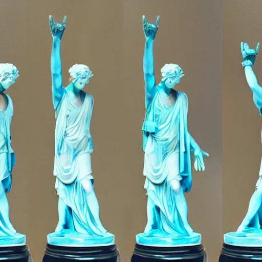 Prompt: a marble statue dabbing, cyan and magentsa,