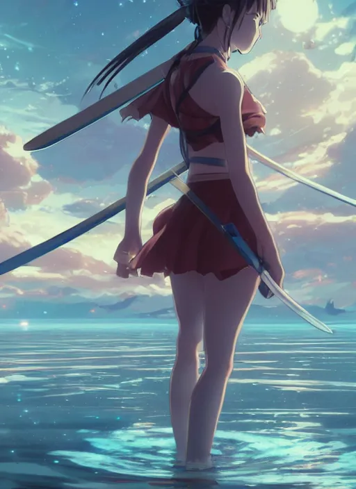 Image similar to anime girl with a katana walking on water, ripples, backdrop of dawn, saturn in the background, illustration, concept art, anime, key visual, trending pixiv fanbox by wlop and greg rutkowski and makoto shinkai and studio ghibli