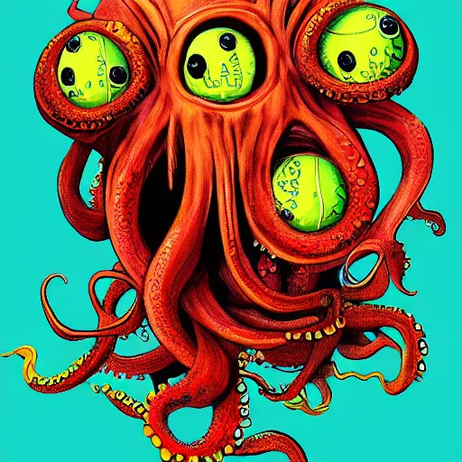 Prompt: a tennis ball monsters, octopus, colorful, digital art, fantasy, magic, trending on artstation, ultra detailed, professional illustration by basil gogos