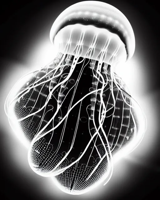 Image similar to black and white cyborg-jellyfish goddess high quality photo, microchip, artificial intelligence, bio-mechanical bio-luminescence, black wired cables, neurons, nerve cells, octane render, cinematic, rim light, hyper realism, photo-realistic, high detail, 8k, masterpiece, high fashion, in the style of Steven Meisel and Dora Maar and H.G. Giger