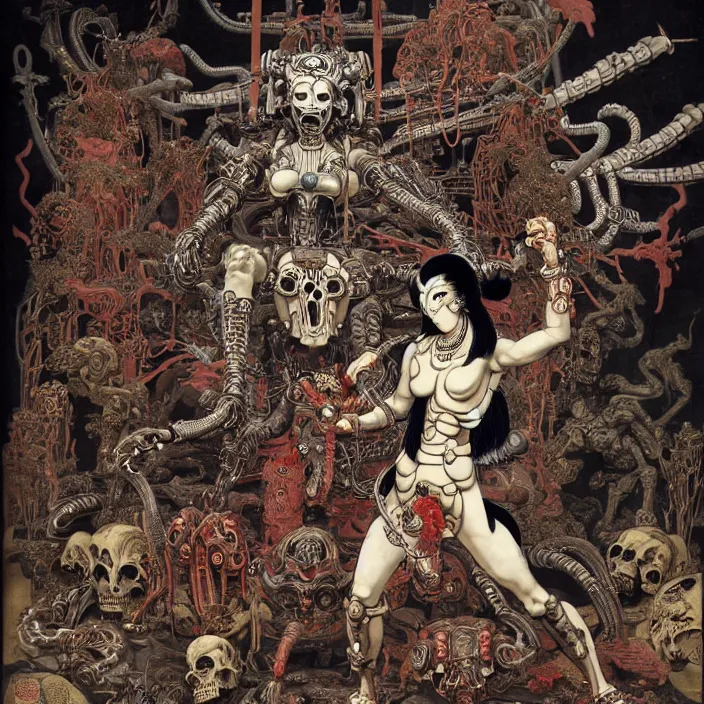 Prompt: still frame from Prometheus by Utagawa Kuniyoshi, death god Kali Durga as Dr doom in ornate bio cybernetic bone armour in front of burning souls and pile of alien skulls by Wayne Barlowe by peter Mohrbacher by Giger, dressed by Alexander McQueen and by Neri Oxman, metal couture hate couture editorial