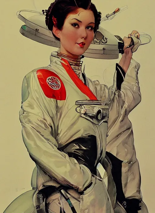 Prompt: a copic maker art nouveau portrait nobara kugisaki futuristic latex pilot suit and a puffy kimono by john berkey norman rockwell