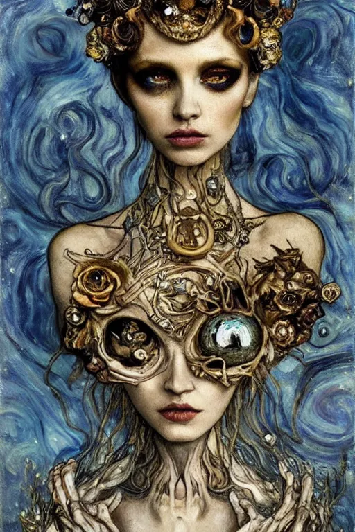 Image similar to The Princess of Bones by Karol Bak, Jean Deville, Gustav Klimt, and Vincent Van Gogh, portrait of a porcelain princess wearing a crown in catacombs, porcelain ball-joint doll face with blue painted tattoos, pale blue eyes, hair made of shimmering ghosts, mystic eye, otherworldly, crown made of bones, catacombs, ornate jeweled crown, skulls, fractal structures, arcane, inscribed runes, infernal relics, ornate gilded medieval icon, third eye, spirals