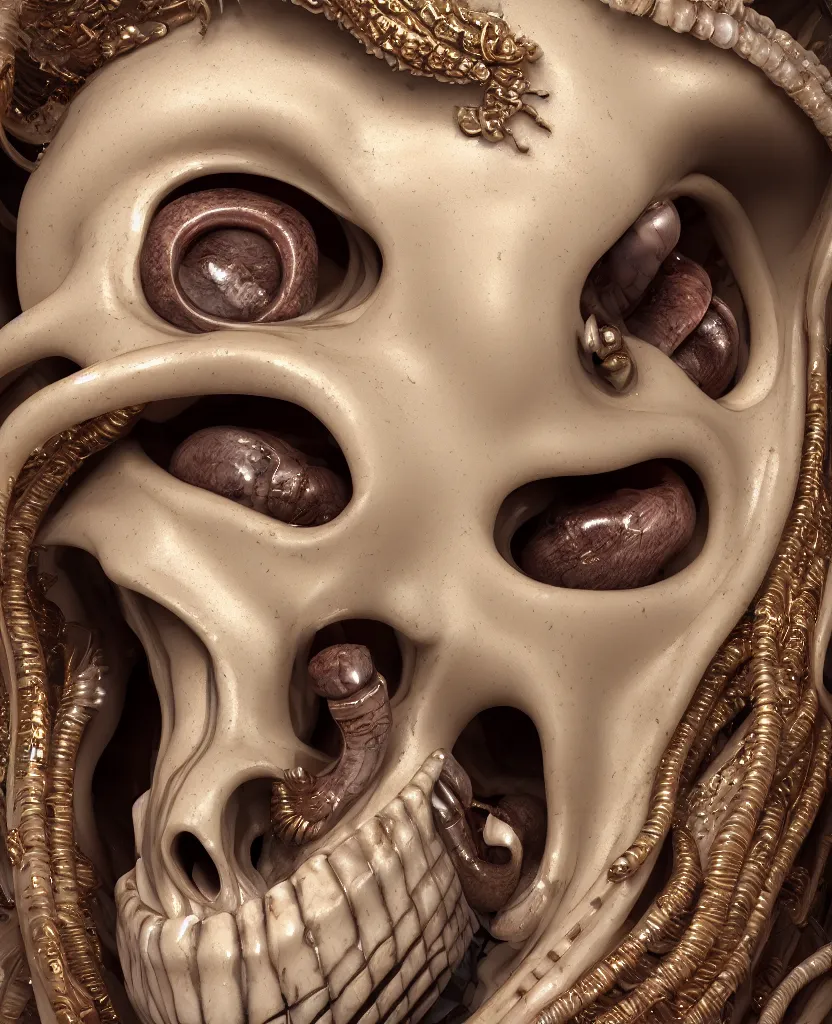 Image similar to goddess princess face close-up portrait ram skull. sculpture made of polished gold and matte obsidian. jellyfish phoenix head, nautilus, orchid, skull, betta fish, bioluminiscent creatures, intricate artwork by Tooth Wu and wlop and beeple. octane render, trending on artstation, greg rutkowski very coherent symmetrical artwork. cinematic, hyper realism, high detail, octane render, 8k