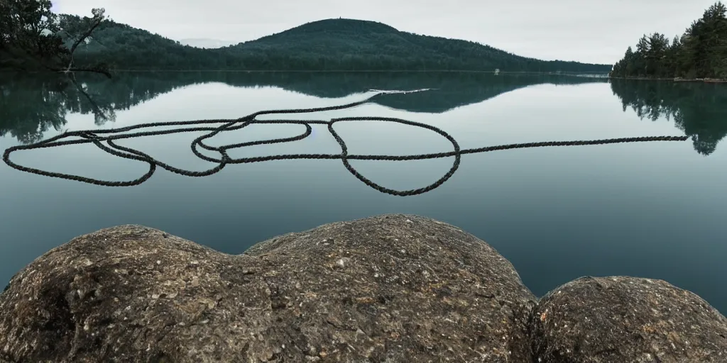 Prompt: centered photograph of a infinitely long rope zig zagging snaking across the surface of the water into the distance, floating submerged rope stretching out towards the center of the lake, a dark lake on a cloudy day, color film, rocky shore foreground and trees in the background, hyper - detailed photo, anamorphic lens