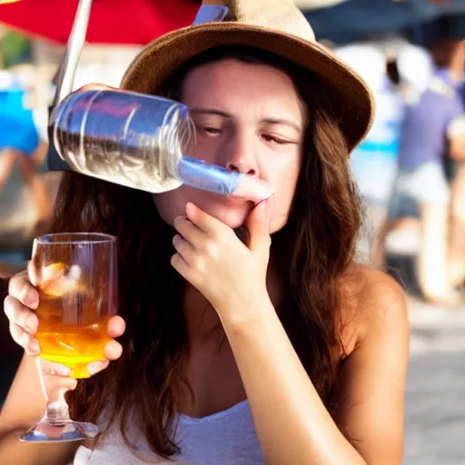 Prompt: a tired and over-heated young female bartender with brown hair serving people alcohol under the hot sun, photograph, 4k