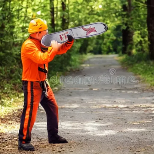 Prompt: reflexologjst approaches patient, wielding a chainsaw, stock photo, creepy grin