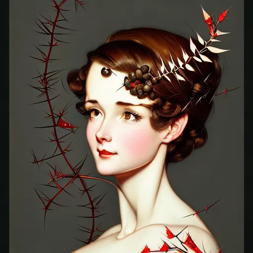 Image similar to portrait of an absurdly graceful, elegant, sophisticated ( barista ) woman wrapped in sharp thorns, by norman rockwell, range murata, gustave dore, pixar, intricate line work, beautiful, artstation 8 k