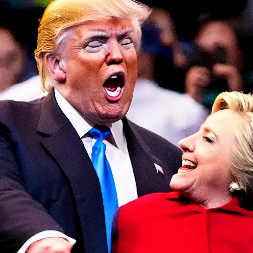 Image similar to donald trump fistfighting hillary clinton, cinematic