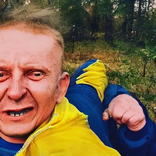 Image similar to 2 0 2 2 last selfie of last alive of frightened funny ukrainian in dirty yellow and blue clothes, trying to escape, badly injured from radiation to bones from a huge nuclear explosion at background