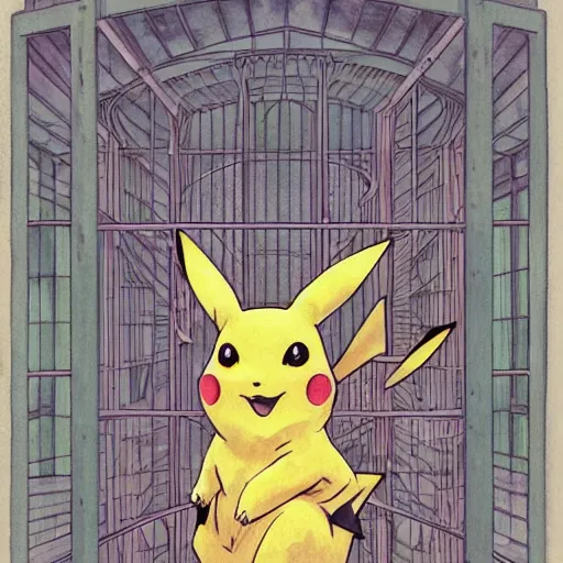 Prompt: a beautiful intricate watercolor illustration of a pikachu in a cage in the window, 4 k, ultra - wide angle, by william turner, by victo ngai, by alphonse mucha, by miho hirano, hd, trending on artstation, hyper detailed, muted colors