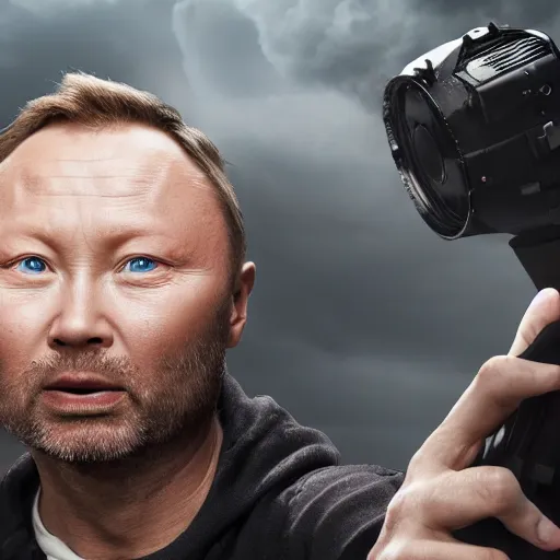 Image similar to limmy brian limond holding element 1 1 5, realistic, wide shot, dramatic lighting, hyper realistic, high quality, highly detailed, hd, beautiful, cinematic, 8 k, unreal engine, facial accuracy, symmetrical,