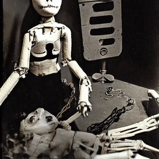 Prompt: female alive, creepy marionette puppet, one beside the other with one disassembled, horrific, unnerving, clockwork horror, pediophobia, lost photograph, dark, forgotten, final photo found before disaster, human laying unconscious in the background, polaroid,