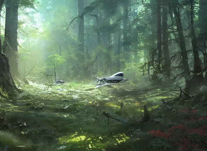 Prompt: one single spaceship crashed in a forest on the ground. Atmospheric lighting, nature, crashed, damaged. By Makoto Shinkai, Stanley Artgerm Lau, WLOP, Rossdraws, James Jean, Andrei Riabovitchev, Marc Simonetti, krenz cushart, Sakimichan, trending on ArtStation, digital art.