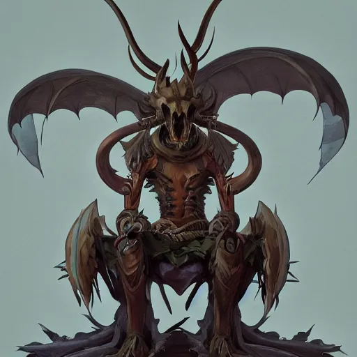 Prompt: concept art painting of a dragonlike anthropomorphic humanoid creature with a long dragon neck and horned skull mask, sitting on a throne, realistic, detailed, cel shaded, in the style of makoto shinkai and greg rutkowski and studio ghibli and moebius