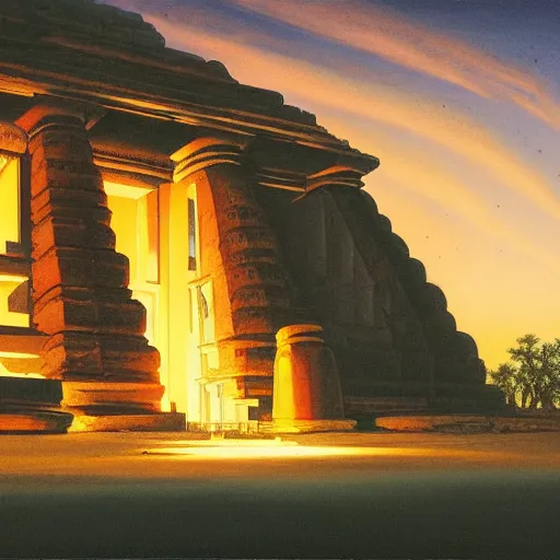 Image similar to a syd mead and ralph maquarrie style matte painting of an ancient indian temple ruins with candles lit inside, on top of a tropical hill, night