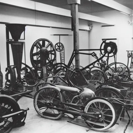 Prompt: a historical photograph of Marcel Duchamp surrounded my ancient machines in a vast empty white room, 1919, courtesy of Centre Pompidou