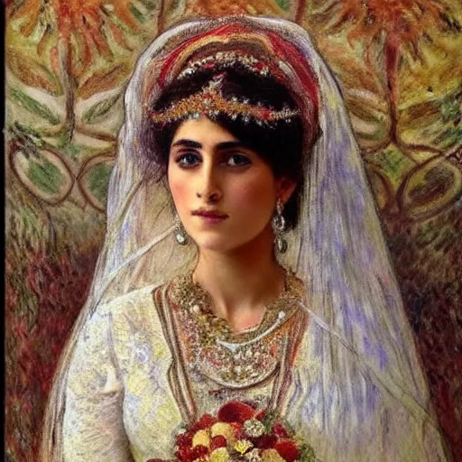 Image similar to full body portrait of a beautiful Kurdish bride wearing a beautiful wedding dress, very detailed eyes, hyperrealistic, beautiful and symmetrical face, very detailed painting by Claude Monet and Alphonse Mucha, trending on artstation, extremely high detail, incredibly intricate