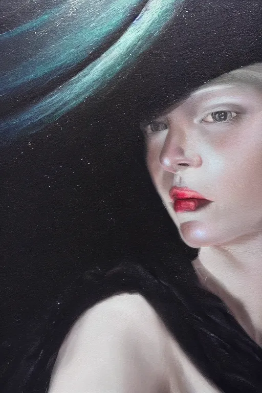 Image similar to hyperrealism oil painting, close - up portrait of albino medieval fashion model, black silk, steel gradient mixed with nebula sky, in style of baroque