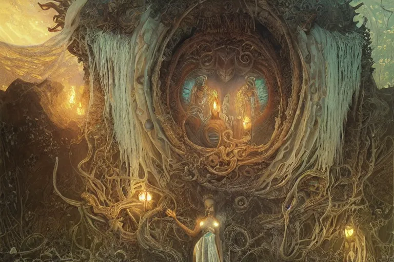 Prompt: a lovecraftian painting of a demonic shrine, occult, cult members, cosmic horror elements, ultra realistic, concept art, intricate details, eerie, highly detailed, photorealistic, octane render, 8 k, unreal engine. art by artgerm and greg rutkowski and alphonse mucha