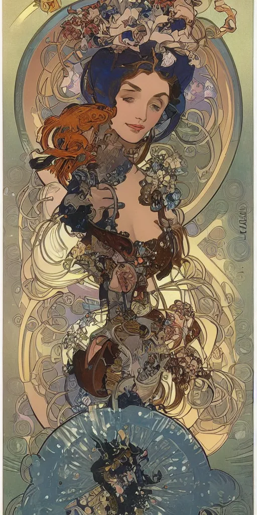 Image similar to a woman wearing outer space as a dress, pouring water from a vase into the milky way, by joe madura, by alphonse mucha, battle chasers.