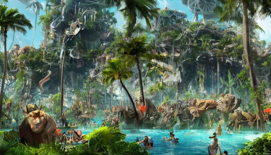Image similar to Futuristic monster zoo built on a tropical island with lots of tourists during a beautiful day, hyperdetailed, artstation, cgsociety, 8k
