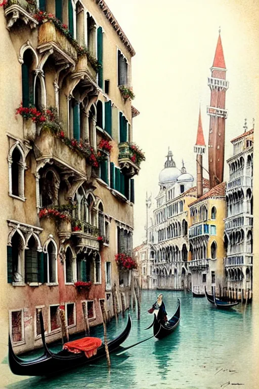 Image similar to (((((1950s fairy tale city venice . muted colors.))))) by Jean-Baptiste Monge !!!!!!!!!!!!!!!!!!!!!!!!!!!