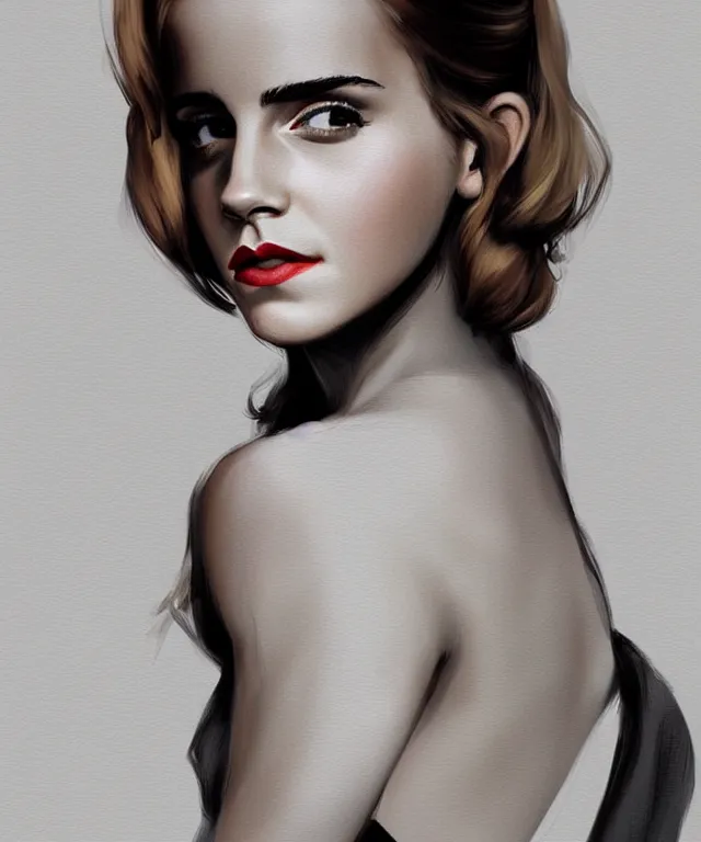 Image similar to emma watson in pinup style, elegant, digital painting, trends on artstation, concept art