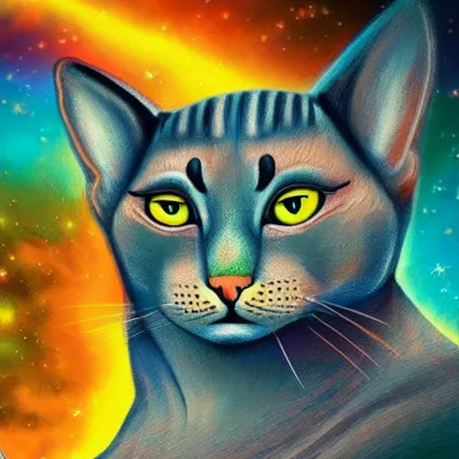 Image similar to realistic, stunning beauty. cat. sphinx. close - up on the background of the cosmic incredible. colorful sky. fantasy.