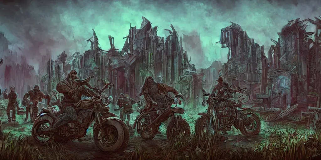 Image similar to psychedelic post apocalyptic orcish biker gang, scifi city ruins, sharp focus, psychedelic colors, artstation