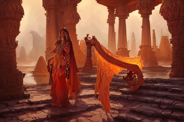 Image similar to camel temple, 1 0 0 1 night, dark water, gemstones and treasures, deep focus, d & d, fantasy, intricate, elegant, highly detailed, digital painting, artstation, concept art, matte, sharp focus, illustration, hearthstone, art by artgerm and greg rutkowski and alphonse mucha