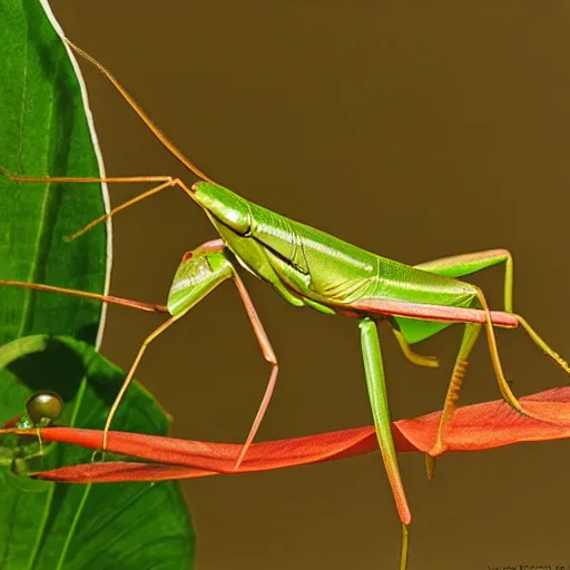 Prompt: praying mantis on a leaf, orientalist, perspective