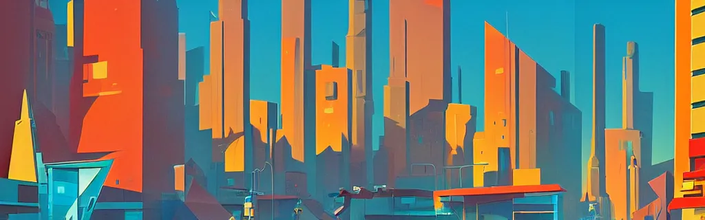 Image similar to sci - fi city street with faceted angular buildings, modernism, gouache, animated film, stylised, illustration, by eyvind earle, scott wills, genndy tartakovski, syd mead