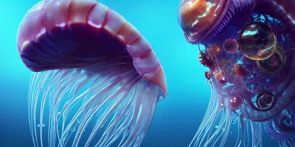 Prompt: cyborg close - up portrait, jellyfish head, nautilus, orchid, betta fish, bioluminiscent creatures, intricate artwork by tooth wu and wlop and beeple. octane render, trending on artstation, greg rutkowski very coherent symmetrical artwork. cinematic, hyper realism, high detail, octane render, 8 k