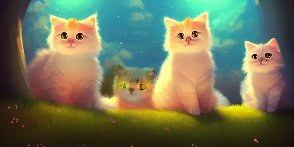 Prompt: very cute illustration of fluffy cats 😻, for a children's book, digital art, highly detailed, rim light, exquisite lighting, clear focus, very coherent, details visible, soft lighting, character design, atmospheric, vibrant colors, trending on artstation, sun flare