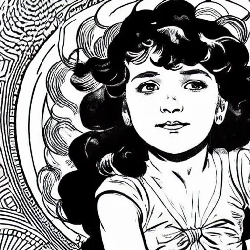 Prompt: clean simple line art of a little girl with wavy curly hair. white background. well composed, clean black and white line drawing, beautiful detailed face. illustration by steve ditko and jack kirby and alphonse mucha