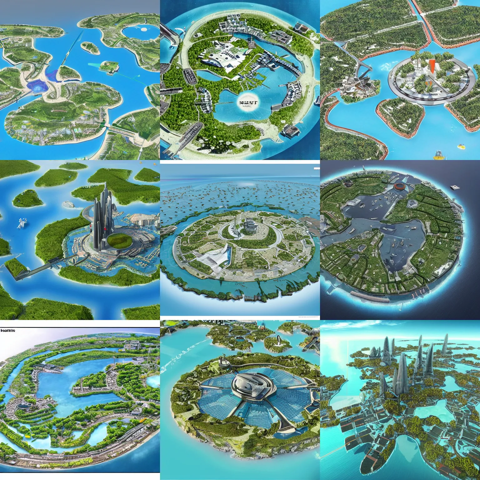 Prompt: a reto futuristic map of a future city in an island surrounded by water.