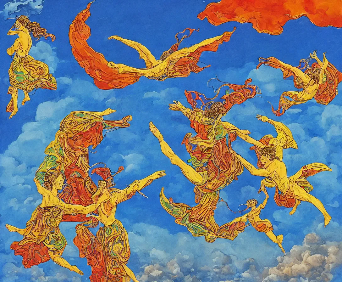 Image similar to two sacred angels fighting in the skies of seattle, gouache, stylised, by mati klarwein and moebius