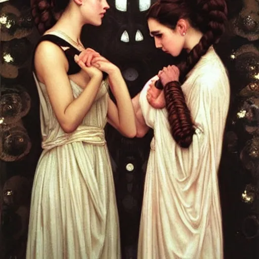 Image similar to !dream princess leia organa and queen padme amidala holding hands, perfect face, perfect body, flirty, full body portrait, drawn by john william waterhouse