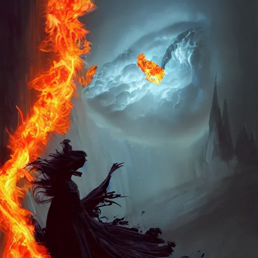 Image similar to a gargoyle in silhouette wearing a flowing gown made of fire, engulfed in a whirling fire tornado firestorm, emitting smoke and sparks, fantasy, cinematic, fine details by realistic shaded lighting poster by ilya kuvshinov katsuhiro otomo, magali villeneuve, artgerm, jeremy lipkin and michael garmash and rob rey