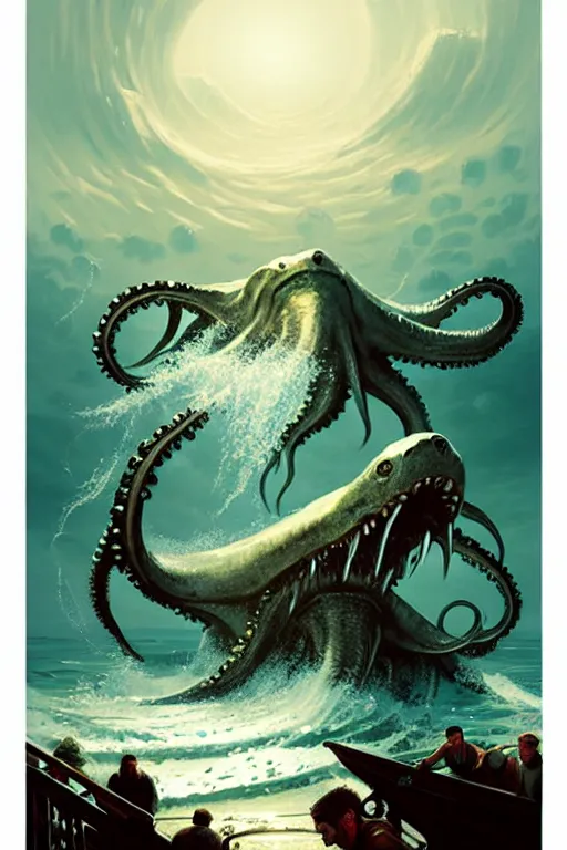 Image similar to greg rutkowski poster, kraken attacking a seaside town