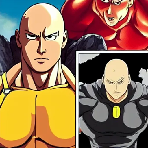 Image similar to dwayne the rock johnson cosplaying as saitama of one punch man, realistic