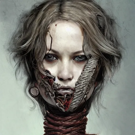 Image similar to portrait of a Shibari rope wrapped face and neck, headshot, insanely nice professional hair style, dramatic hair color, digital painting, of a old 15th century, old cyborg merchant, amber jewels, baroque, ornate clothing, scifi, realistic, hyperdetailed, chiaroscuro, concept art, art by Franz Hals and Jon Foster and Ayami Kojima and Amano and Karol Bak,