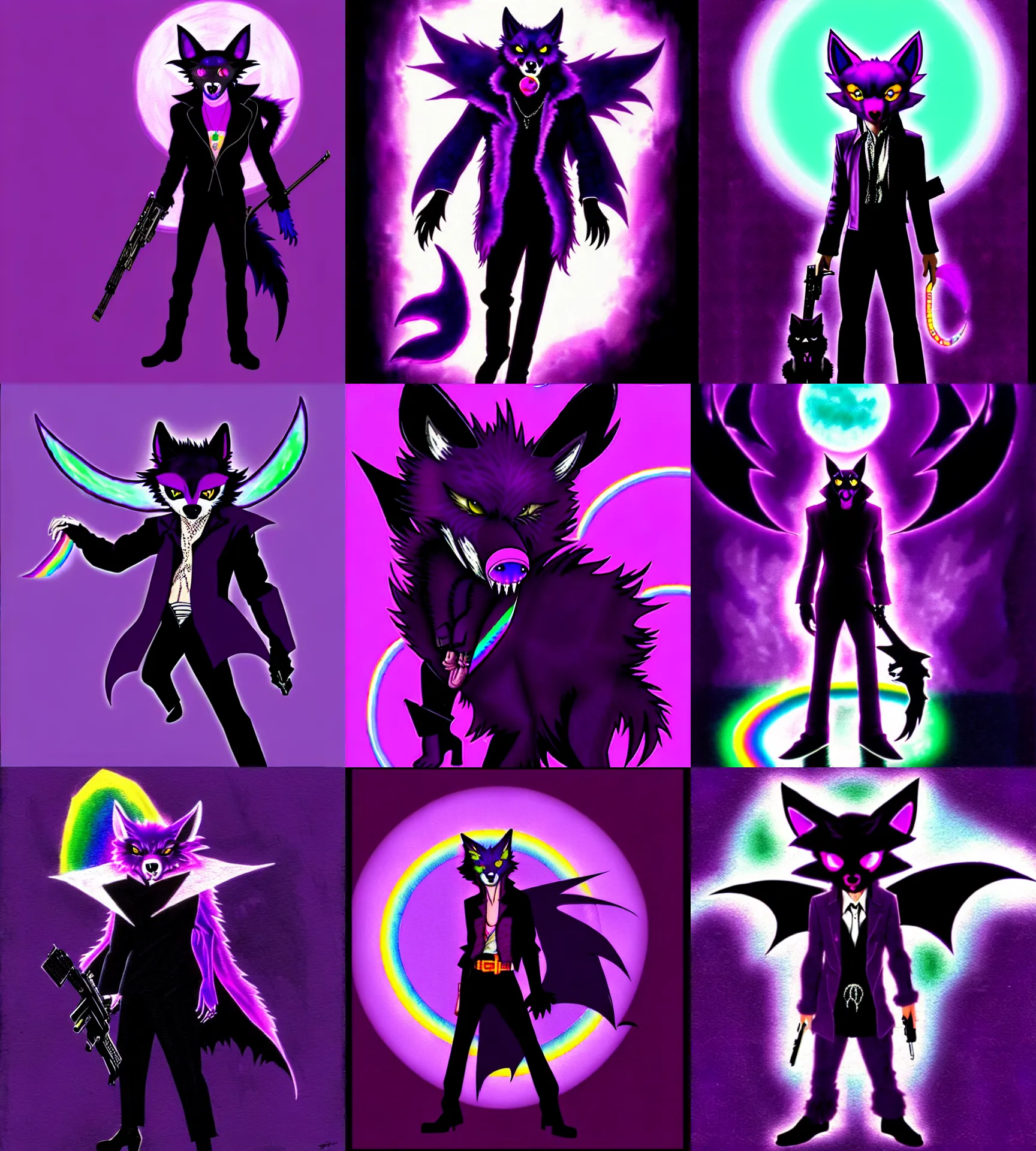 Prompt: a purple wolfbat fursona with an eyepatch and a long glowing rainbow tail, traversing a shadowy city, drawn in a neo - noir style, reminescent of max payne and ghost in the shell, style of purple rain album cover ( by prince ), dark colors