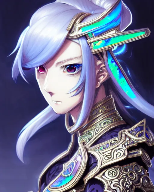 Image similar to anime portrait of an iridescent opal cyborg shinobi, intricate ornate details, morandi color scheme, fantasy, elegant, highly detailed, wide angle, digital painting, artstation, concept art, smooth, sharp focus, illustration, wallpaper, dynamic pose, splash art, league of legends, art by artgerm and greg rutkowski and bo chen and jin xiaodi